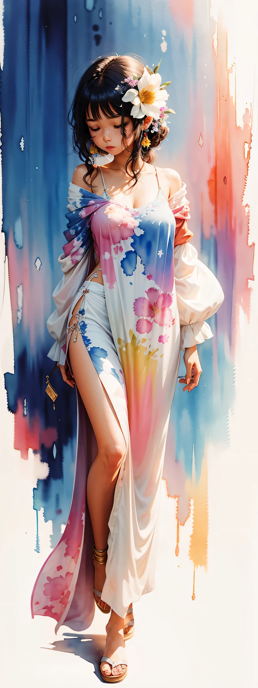 watercolor art, (watercolor painting: In this ethereal scenery, Colorful flowers), Dreams and reality are intertwined. The air is filled with the intoxicating fragrance of flowers, Exquisite perfume symphony. Flowers seem to release the soul, Their essence blends with the fragrant breeze that caresses the skin.