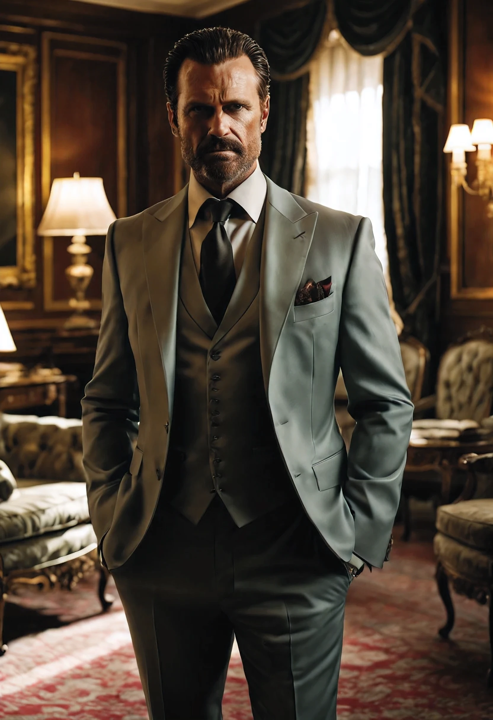 A powerful manly figure in his late 40s, rage simmering beneath pale skin etched with fury and fear.An expensive suit,  The scene is A luxurious room, opulent yet shrouded in half-light. Shadows twist around lavish furniture, whispering unspoken truths. Mr. Black is a man at war with himself, where rage warps the facade of wealth and power. 