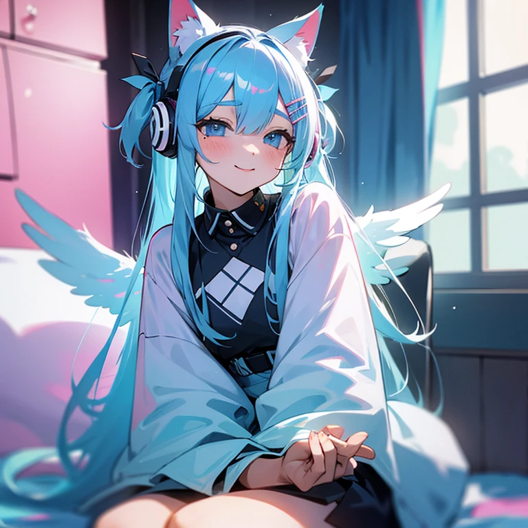 light blue hair, long hair, hair clip, hair ribbon, mole under eye, cat ear headphones, Pastel colored rooms, sitting, beautiful girl, A little juvenile, angel ring, DJ, gentle smile