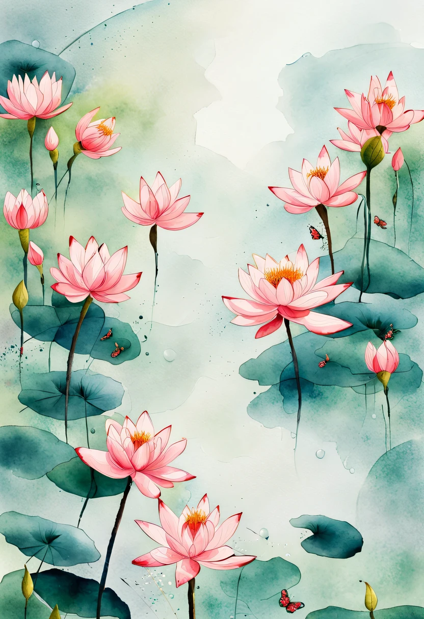 This abstract watercolor flower painting offers a light and refreshing visual effect。Lotus flowers and butterflies intertwined in the lake,Forming the perfect combination of nature and romance。The screen is dominated by a white background,Highlight isolated watercolor flower。Splash technology recreates wet conditions,The atmosphere seems vague and dreamy。Unique composition and abstract expression add to the artistic feel of the picture,Contains elements of surrealism。The overall color tone is mainly light tones,Red and gold complement each other,Show high-resolution details。The splash-ink effect adds a touch of agility to the picture,The light color gives the flowers a deep and restrained beauty.