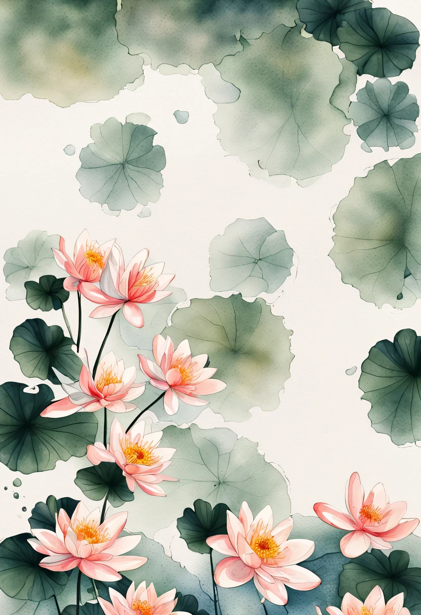 This abstract watercolor flower painting offers a light and refreshing visual effect。Lotus flowers and butterflies intertwined in the lake,Forming the perfect combination of nature and romance。The screen is dominated by a white background,Highlight isolated watercolor flower。Splash technology recreates wet conditions,The atmosphere seems vague and dreamy。Unique composition and abstract expression add to the artistic feel of the picture,Contains elements of surrealism。The overall color tone is mainly light tones,Red and gold complement each other,Show high-resolution details。The splash-ink effect adds a touch of agility to the picture,The light color gives the flowers a deep and restrained beauty.