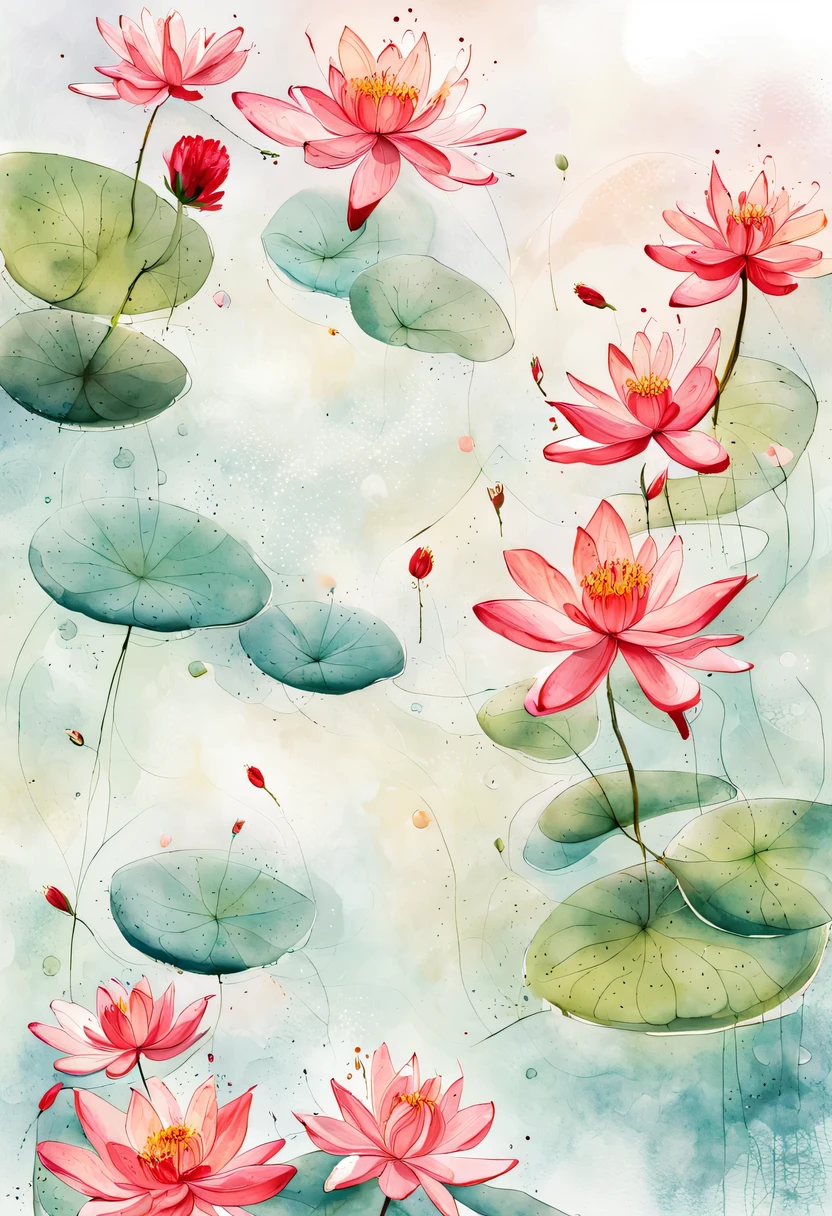 This abstract watercolor flower painting offers a light and refreshing visual effect。Lotus flowers and butterflies intertwined in the lake,Forming the perfect combination of nature and romance。The screen is dominated by a white background,Highlight isolated watercolor flower。Splash technology recreates wet conditions,The atmosphere seems vague and dreamy。Unique composition and abstract expression add to the artistic feel of the picture,Contains elements of surrealism。The overall color tone is mainly light tones,Red and gold complement each other,Show high-resolution details。The splash-ink effect adds a touch of agility to the picture,The light color gives the flowers a deep and restrained beauty.