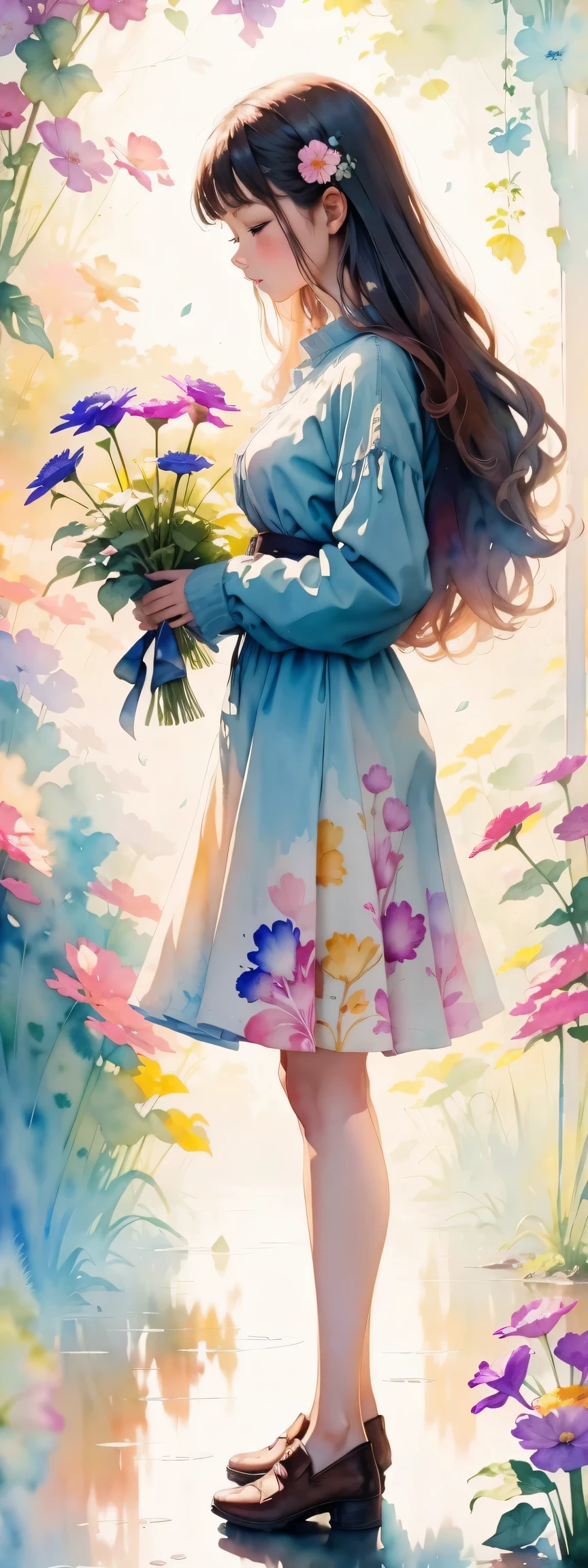 (watercolor art), watercolor painting: In this ethereal scenery, colorful flowers, Dreams and reality are intertwined. The air is filled with the intoxicating fragrance of flowers, Exquisite perfume symphony. Flowers seem to release the soul, Their essence blends with the fragrant breeze.Romantic and ethereal,Impressionist lighting,Soft and delicate brushstrokes,