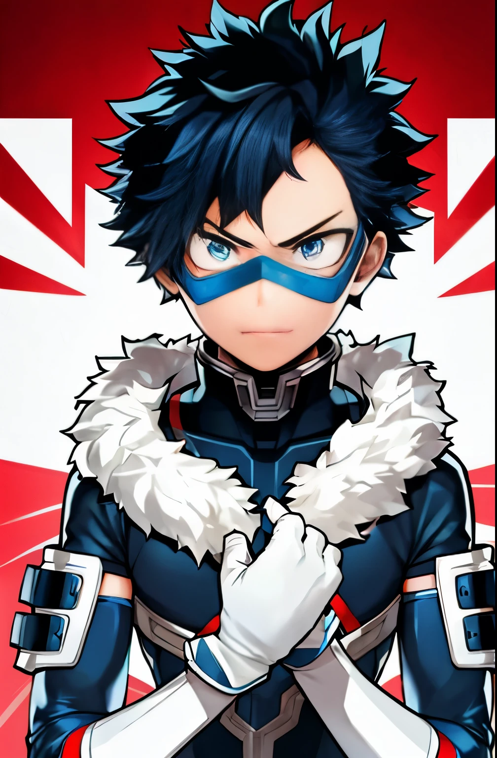 horikoshi kouhei, 1 boy, boku no hero academia, curly hair, Beautiful face, elbow gloves, Eyebrow, I furrowed my brow., gloves, blue eyes, black hair, looking at the viewer, mask, mouth mask, official art, white skin, Severe, short hair