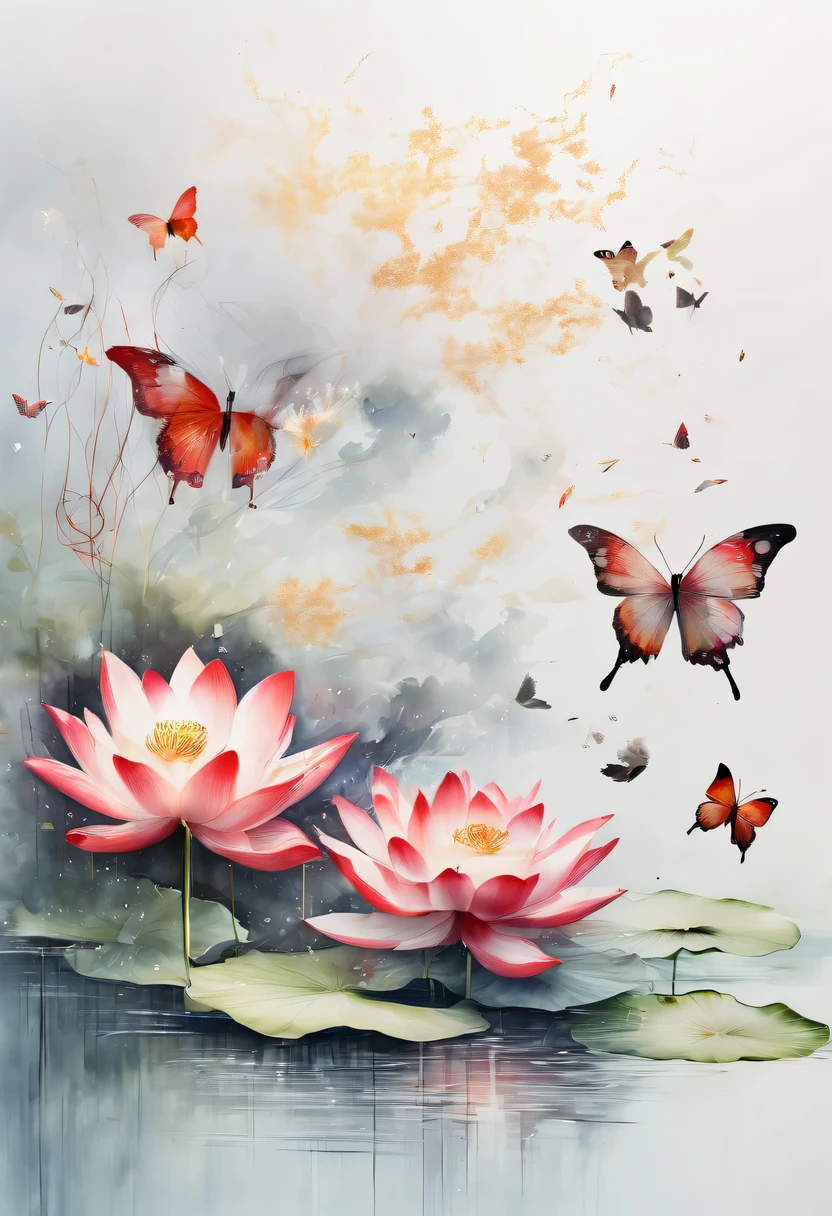 This abstract watercolor flower painting offers a light and refreshing visual effect。Lotus flowers and butterflies intertwined in the lake，Forming the perfect combination of nature and romance。The screen is dominated by a white background，Highlight isolated watercolor flower。Splash technology recreates wet conditions，The atmosphere seems vague and dreamy。Unique composition and abstract expression add to the artistic feel of the picture，Contains elements of surrealism。The overall color tone is mainly light tones，Red and gold complement each other，Show high-resolution details。The splash-ink effect adds a touch of agility to the picture，The light color gives the flowers a deep and restrained beauty.