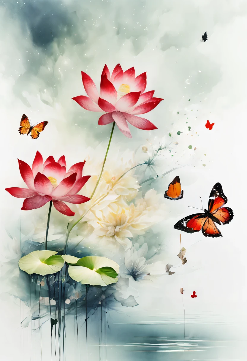 This abstract watercolor flower painting offers a light and refreshing visual effect。Lotus flowers and butterflies intertwined in the lake，Forming the perfect combination of nature and romance。The screen is dominated by a white background，Highlight isolated watercolor flower。Splash technology recreates wet conditions，The atmosphere seems vague and dreamy。Unique composition and abstract expression add to the artistic feel of the picture，Contains elements of surrealism。The overall color tone is mainly light tones，Red and gold complement each other，Show high-resolution details。The splash-ink effect adds a touch of agility to the picture，The light color gives the flowers a deep and restrained beauty.