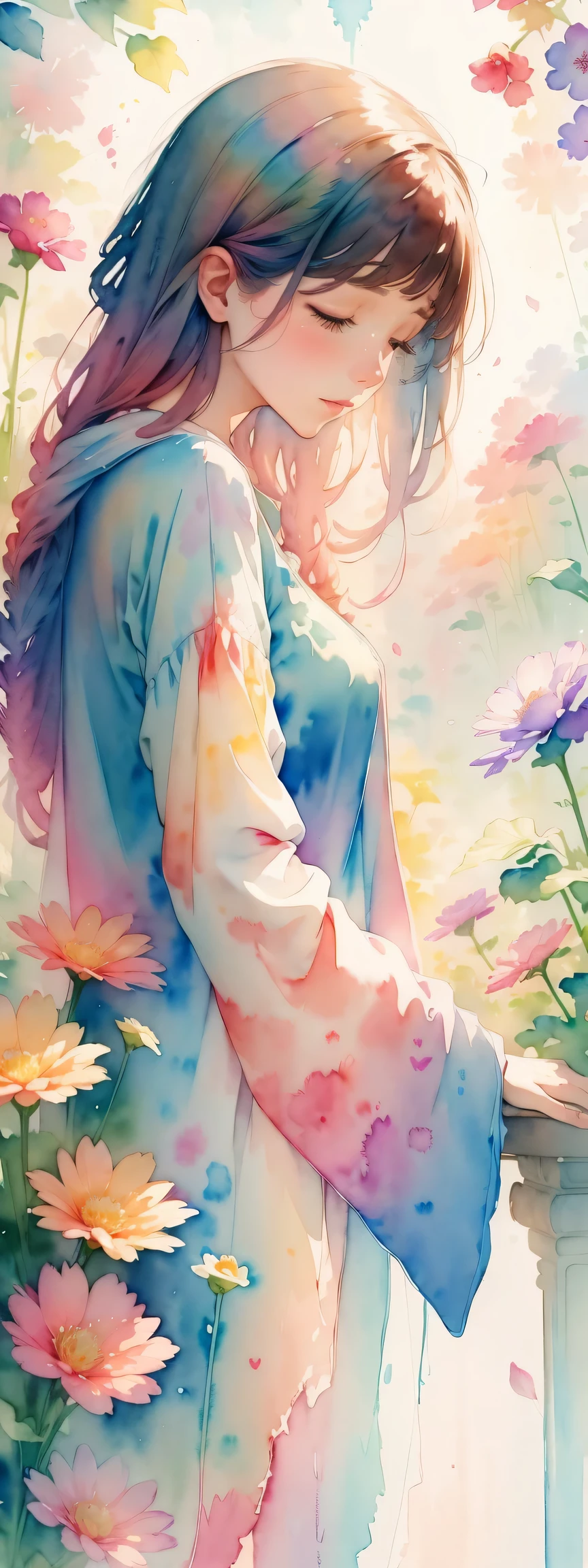 (watercolor art), watercolor painting: In this ethereal scenery, Colorful flowers, Dreams and reality are intertwined. The air is filled with the intoxicating fragrance of flowers, Exquisite perfume symphony. Flowers seem to release the soul, Their essence blends with the fragrant breeze that caresses the skin.Romantic and ethereal,Impressionist lighting,Soft and delicate brushstrokes,