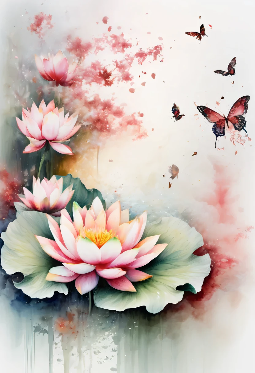 This abstract watercolor flower painting offers a light and refreshing visual effect。Lotus flowers and butterflies intertwined in the lake,Forming the perfect combination of nature and romance。The screen is dominated by a white background,Highlight isolated watercolor flower。Splash technology recreates wet conditions,The atmosphere seems vague and dreamy。Unique composition and abstract expression add to the artistic feel of the picture,Contains elements of surrealism。The overall color tone is mainly light tones,Red and gold complement each other,Show high-resolution details。The splash-ink effect adds a touch of agility to the picture,The light color gives the flowers a deep and restrained beauty.