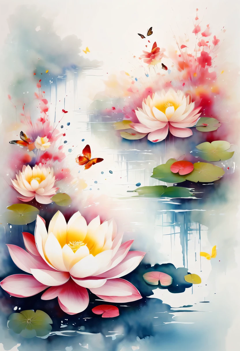 This abstract watercolor flower painting offers a light and refreshing visual effect。Lotus flowers and butterflies intertwined in the lake，Forming the perfect combination of nature and romance。The screen is dominated by a white background，Highlight isolated watercolor flower。Splash technology recreates wet conditions，The atmosphere seems vague and dreamy。Unique composition and abstract expression add to the artistic feel of the picture，Contains elements of surrealism。The overall color tone is mainly light tones，Red and gold complement each other，Show high-resolution details。The splash-ink effect adds a touch of agility to the picture，The light color gives the flowers a deep and restrained beauty.