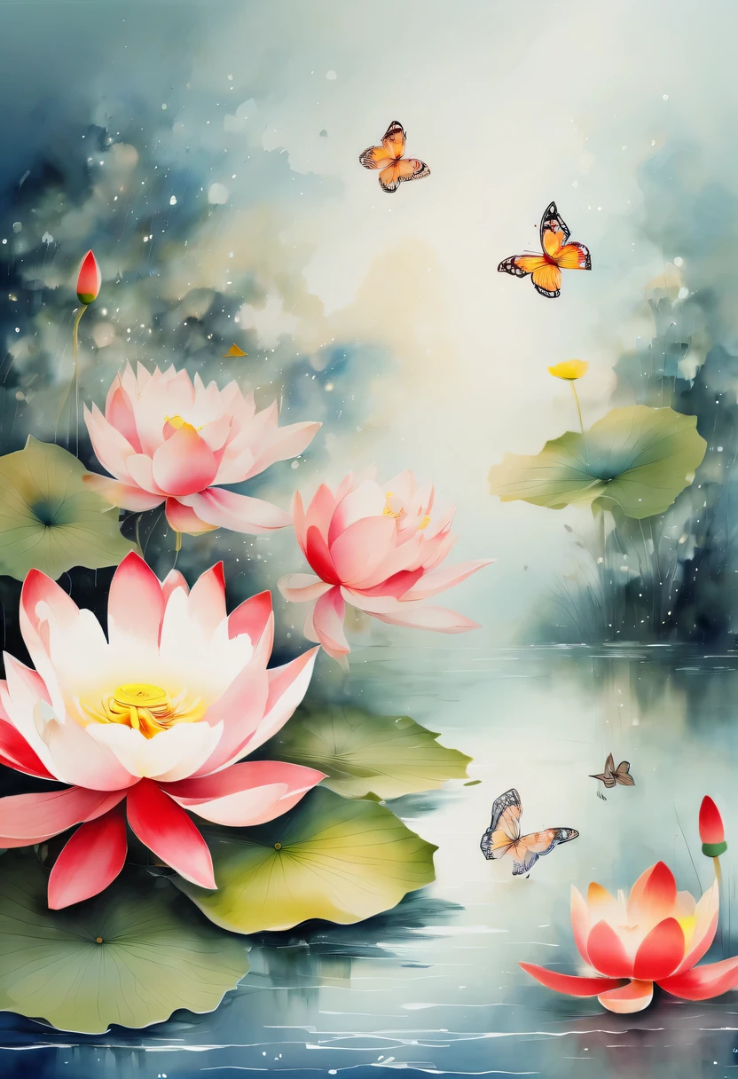 This abstract watercolor flower painting offers a light and refreshing visual effect。Lotus flowers and butterflies intertwined in the lake,Forming the perfect combination of nature and romance。The screen is dominated by a white background,Highlight isolated watercolor flower。Splash technology recreates wet conditions,The atmosphere seems vague and dreamy。Unique composition and abstract expression add to the artistic feel of the picture,Contains elements of surrealism。The overall color tone is mainly light tones,Red and gold complement each other,Show high-resolution details。The splash-ink effect adds a touch of agility to the picture,The light color gives the flowers a deep and restrained beauty.