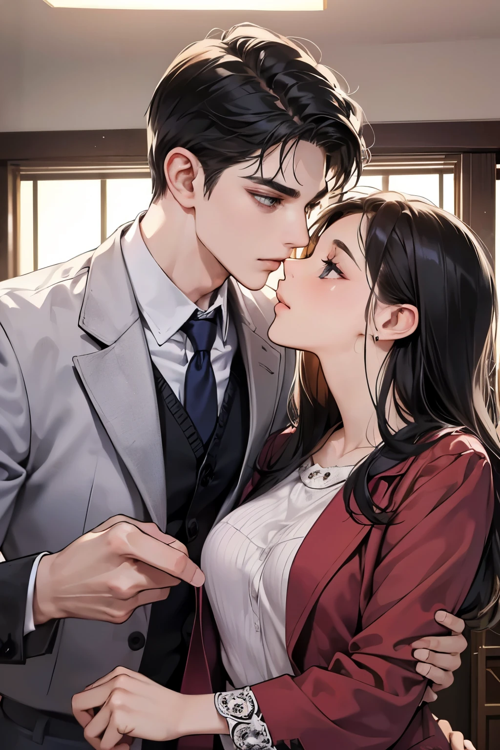 (table top, digital art, digital illustration, 4K, 8K, super detailed, beautiful images, clear image, realistic, RAW photo, perfect face, perfect lines, perfect eyes, soft lighting) 1 female, (long black hair,straight hair,Bullish gaze,beautiful woman,woman wearing a suit,solid makeup,23 year old female,small breasts:1.3),secretary, Two handsome men in suits, (human,Men in suits,muscular,Firm shoulder width,adult male,boyish hairstyle,british gentleman's style,A man in his 30s with a cool expression,28-year-old man with bright smile:1.2),Office scene at night,Antique furnishings,Antique Clamps,Antique chair,chandelier,party、couple、couplekiss、kiss、kissをしている、romance、