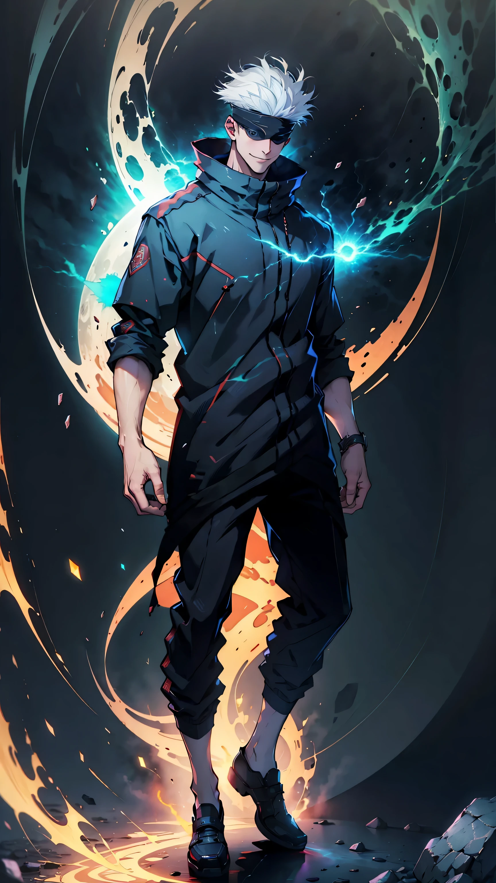 1boy, full body shot, perfect fingers, satoru gojo, blindfold, black outfit, white hair, battle pose, red energy void in right,blue energy void in left, smirk, red and blue moon background, wallpaper, cinematic,High resolution 8K, Bright light illumination, lens flare, sharpness, masterpiece, top-quality, The ultra -The high-definition, high resolution, extremely details CG, Anime style, Film Portrait Photography,