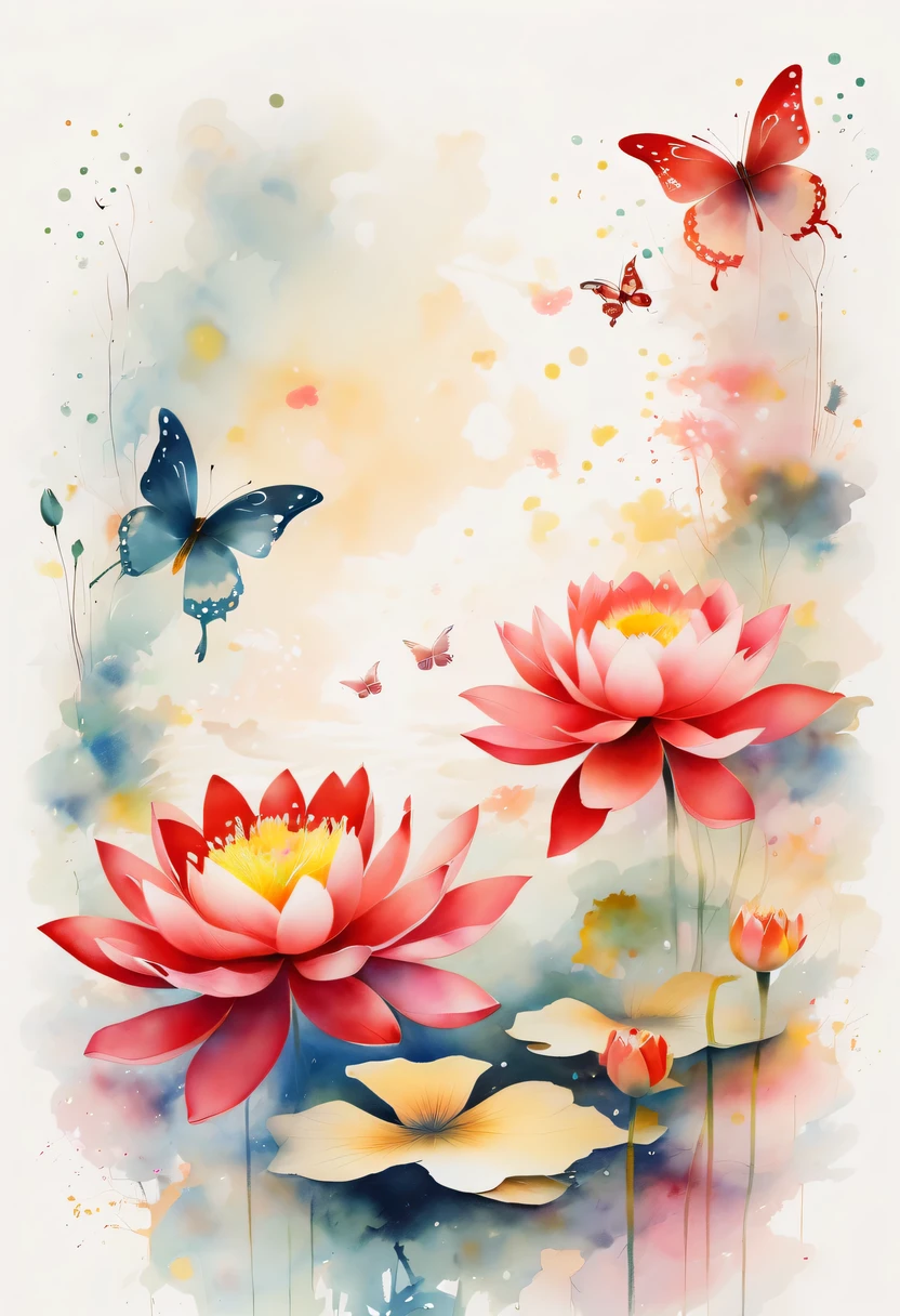 This abstract watercolor flower painting offers a light and refreshing visual effect。Lotus flowers and butterflies intertwined in the lake,Forming the perfect combination of nature and romance。The screen is dominated by a white background,Highlight isolated watercolor flower。Splash technology recreates wet conditions,The atmosphere seems vague and dreamy。Unique composition and abstract expression add to the artistic feel of the picture,Contains elements of surrealism。The overall color tone is mainly light tones,Red and gold complement each other,Show high-resolution details。The splash-ink effect adds a touch of agility to the picture,The light color gives the flowers a deep and restrained beauty.
