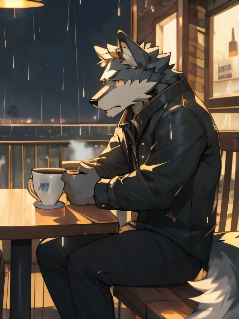anthro wolf, furry, rain, armed，sad expression,white wolf,indoor,night, handsome, sitting,drink coffee,coffee shop, masterpiece, casual clothes, 8k, nj5furry