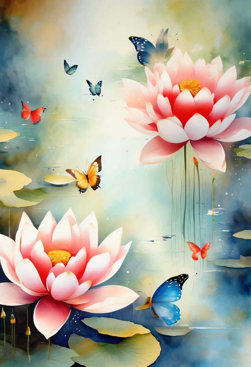 This abstract watercolor flower painting offers a light and refreshing visual effect。Lotus flowers and butterflies intertwined in the lake，Forming the perfect combination of nature and romance。The screen is dominated by a white background，Highlight isolated watercolor flower。Splash technology recreates wet conditions，The atmosphere seems vague and dreamy。Unique composition and abstract expression add to the artistic feel of the picture，Contains elements of surrealism。The overall color tone is mainly light tones，Red and gold complement each other，Show high-resolution details。The splash-ink effect adds a touch of agility to the picture，The light color gives the flowers a deep and restrained beauty.
