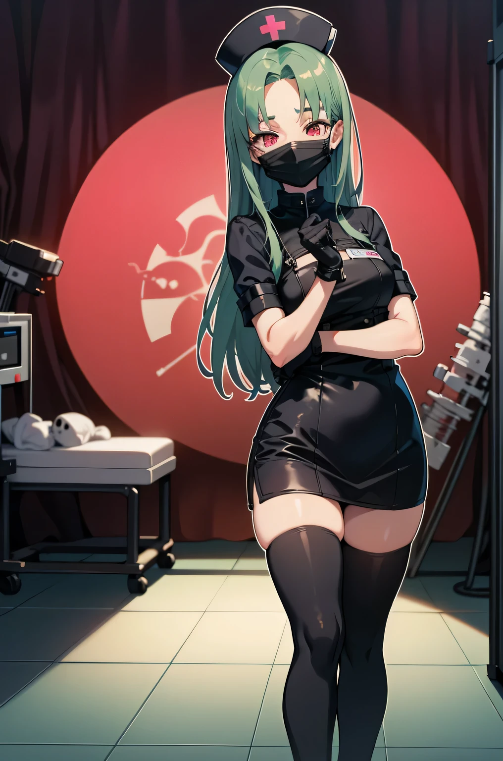 black nurse, 1 female, alone, black nurse cap, Black Wear, ((black legwear, zettai ryouiki)), black elbow gloves, amount, long hair, green hair, pink eyes, ((Black surgical mask, Covered nose)), Are standing, ((operating room)), sharp outline, short sleeve, mature woman, 35 years old, highest quality, masterpiece