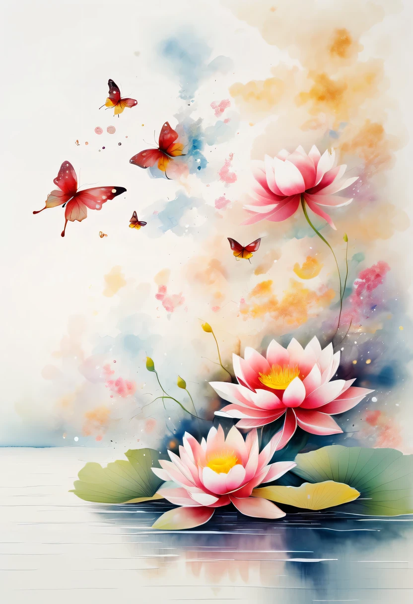 This abstract watercolor flower painting offers a light and refreshing visual effect。Lotus flowers and butterflies intertwined in the lake,Forming the perfect combination of nature and romance。The screen is dominated by a white background,Highlight isolated watercolor flower。Splash technology recreates wet conditions,The atmosphere seems vague and dreamy。Unique composition and abstract expression add to the artistic feel of the picture,Contains elements of surrealism。The overall color tone is mainly light tones,Red and gold complement each other,Show high-resolution details。The splash-ink effect adds a touch of agility to the picture,The light color gives the flowers a deep and restrained beauty.