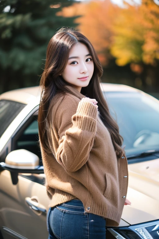Japanese, woman, winter, 23 years old, medium long hair, Chestnut color, natural makeup, double eyelid, D cup, car, one hand on the car, parking, daytime, Vision, full body photo, Height 154cm, Weight 49kg