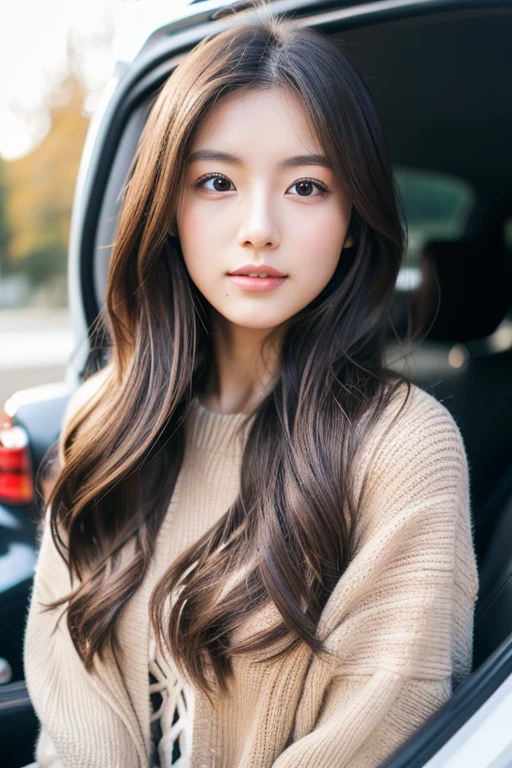Japanese, woman, winter, 23 years old, medium long hair, Chestnut color, natural makeup, double eyelid, D cup, car, one hand on the car, parking, daytime, Vision, full body photo, Height 154cm, Weight 49kg