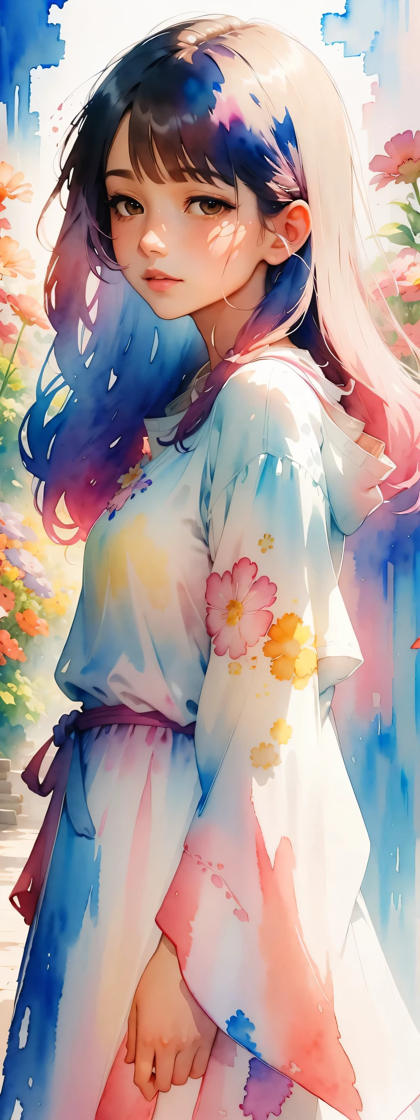 (watercolor art), watercolor painting: In this ethereal scenery, Colorful flowers, Dreams and reality are intertwined. The air is filled with the intoxicating fragrance of flowers, Exquisite perfume symphony. Flowers seem to release the soul, Their essence blends with the fragrant breeze that caresses the skin.