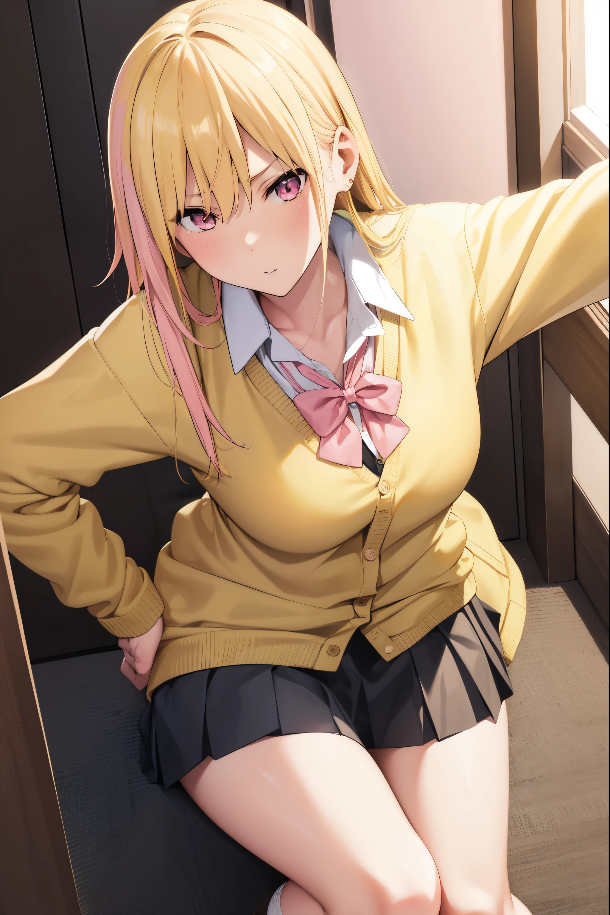 masterpiece, highest quality, 8k, ultra high resolution, highest quality, anime style, best writing, beautiful face,  bob cut、drill hair, room, blonde, (big pink ribbon:1.2), green eyes, masterpiece, highest quality, Hinaichigo, (oversized light pink sweater:1.3), white ruffle skirt、blush、smile, stand, In front of the station, In town, small breasts, (very small height:1.1)、
One boy, One girl,  blush, Open your mouth, Grab your chest, Cowgirl, Top girl, Grab, Heterosexual, Big Breasts, Long Hair,  Nipples, nude, throw, Sex, penis, Vaginal, Straddle, Sweat,  Black Hair, Completely naked
