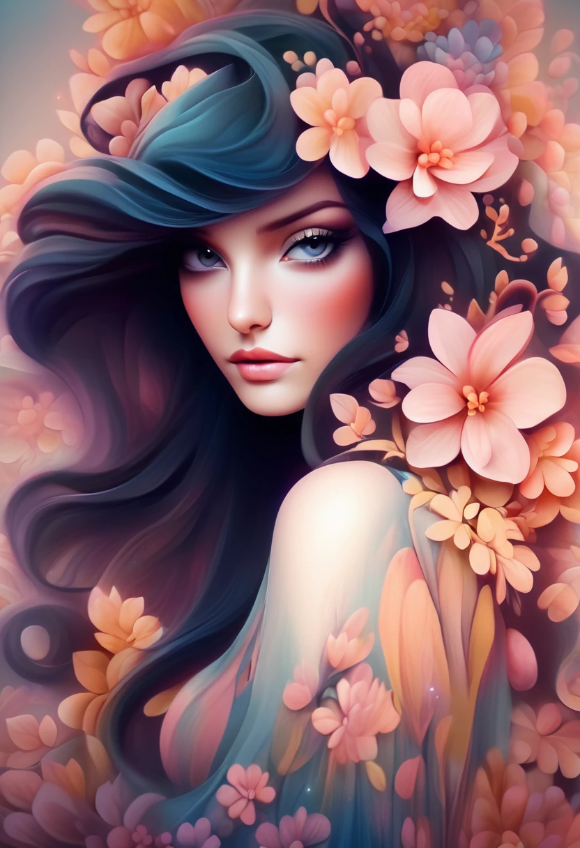 Painting of a woman with long black hair and flowers in her hands, beautiful digital illustrations, Beautiful artwork illustration, amazing digital illustrations, beautiful digital artwork, Inspired by Anna Dittman, amazing digital art, exquisite digital illustration, In the style of Anna Dittmann, beautiful digital art, beautiful amazing digital art, very beautiful digital art, beautiful fantasy art portrait
