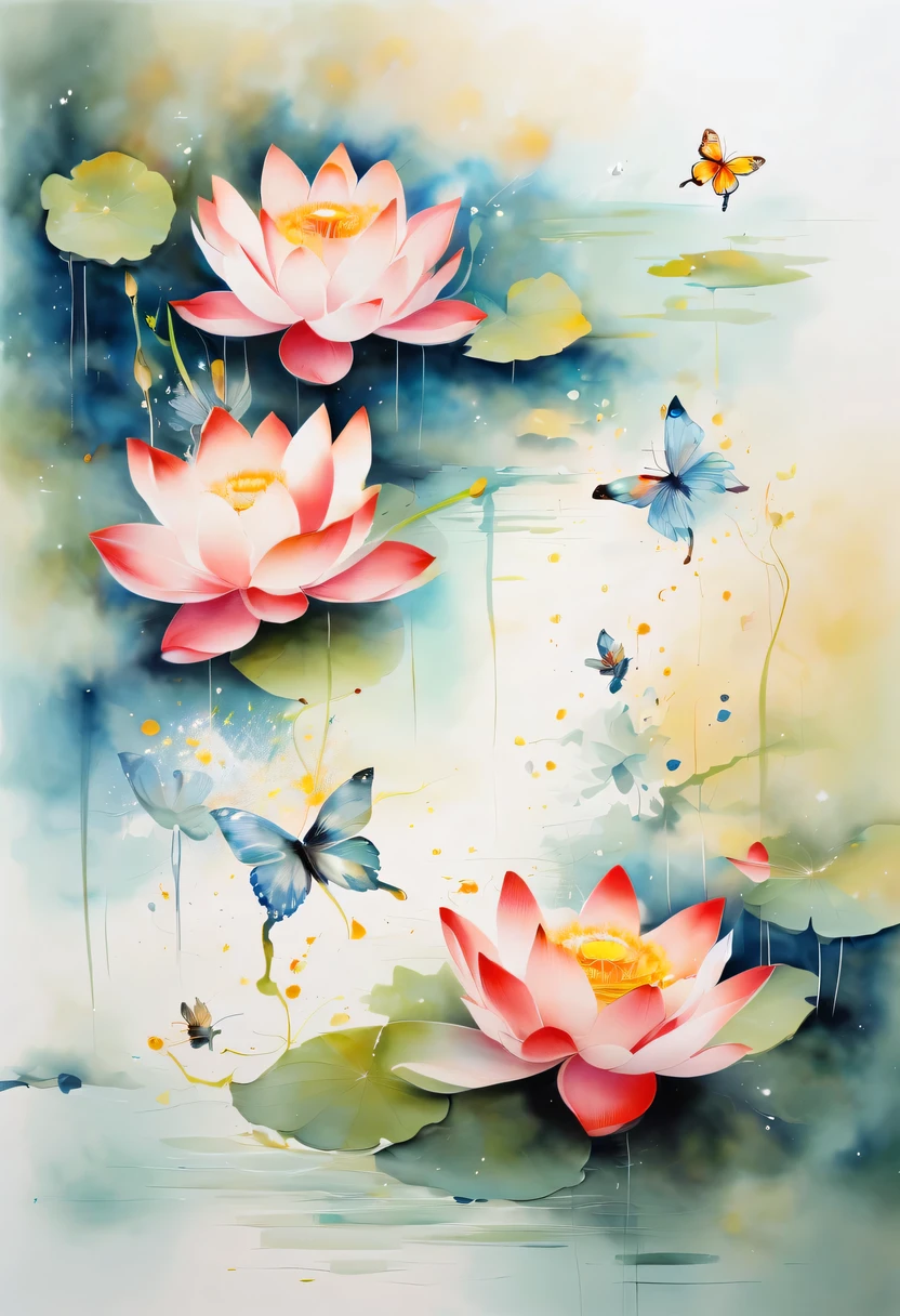 This abstract watercolor flower painting offers a light and refreshing visual effect。Lotus flowers and butterflies intertwined in the lake，Forming the perfect combination of nature and romance。The screen is dominated by a white background，Highlight isolated watercolor flower。Splash technology recreates wet conditions，The atmosphere seems vague and dreamy。Unique composition and abstract expression add to the artistic feel of the picture，Contains elements of surrealism。The overall color tone is mainly light tones，Red and gold complement each other，Show high-resolution details。The splash-ink effect adds a touch of agility to the picture，The light color gives the flowers a deep and restrained beauty.