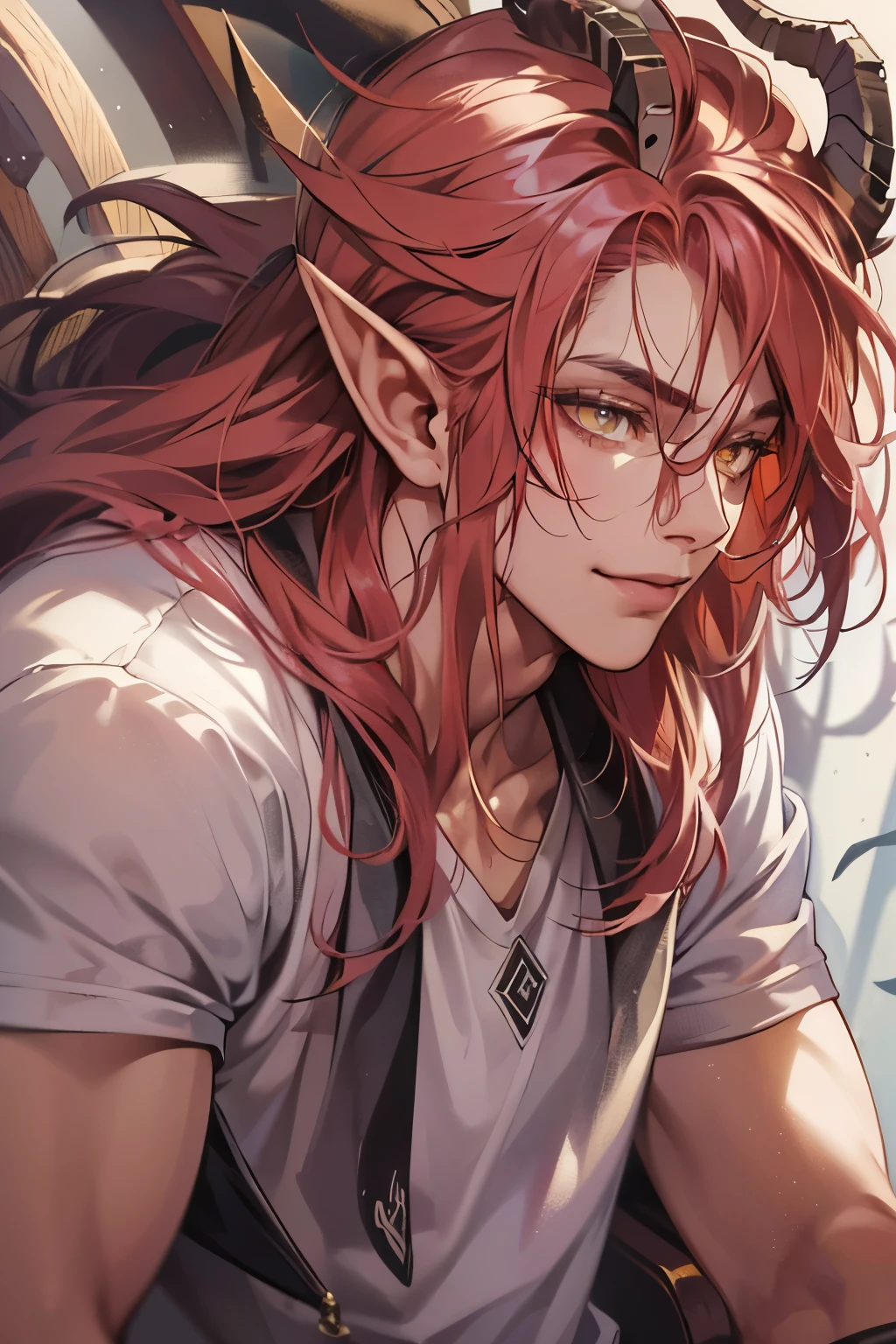 (table top, digital art, digital illustration, 4K, 8K, super detailed, beautiful images, clear image, realistic, RAW photo, perfect face, perfect lines, perfect eyes, soft lighting) 1 male human, (Red hair、long hair、amber eyes,messy hair、Bullish look,Smile confidently、Demons、Two black horns grow from its head.、Pointed elf-like ears、32 years old:1.3),ハンサムなmale性, (White t-shirt with dowel dowel、vest、muscular、Thin macho,Firm shoulder width, male:1.2),Sit on a throne with your legs crossed、The king、Demon King、hair fluttering in the wind、Sunburned healthy skin