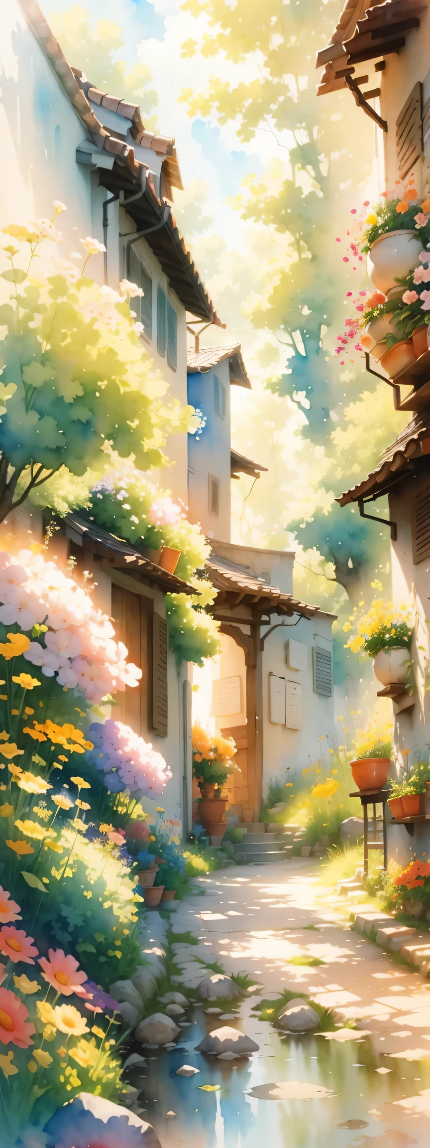watercolor art, In this ethereal scenery, Dreams and reality are intertwined. The air is filled with the intoxicating fragrance of flowers, Exquisite perfume symphony. Flowers seem to release the soul, Their essence blends with the fragrant breeze that caresses the skin.