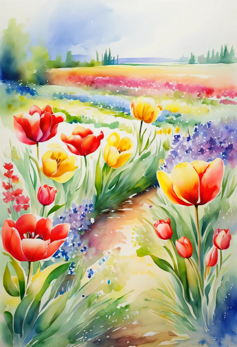 watercolor painting， flowers，There are many wild flowers in the fields，tulip