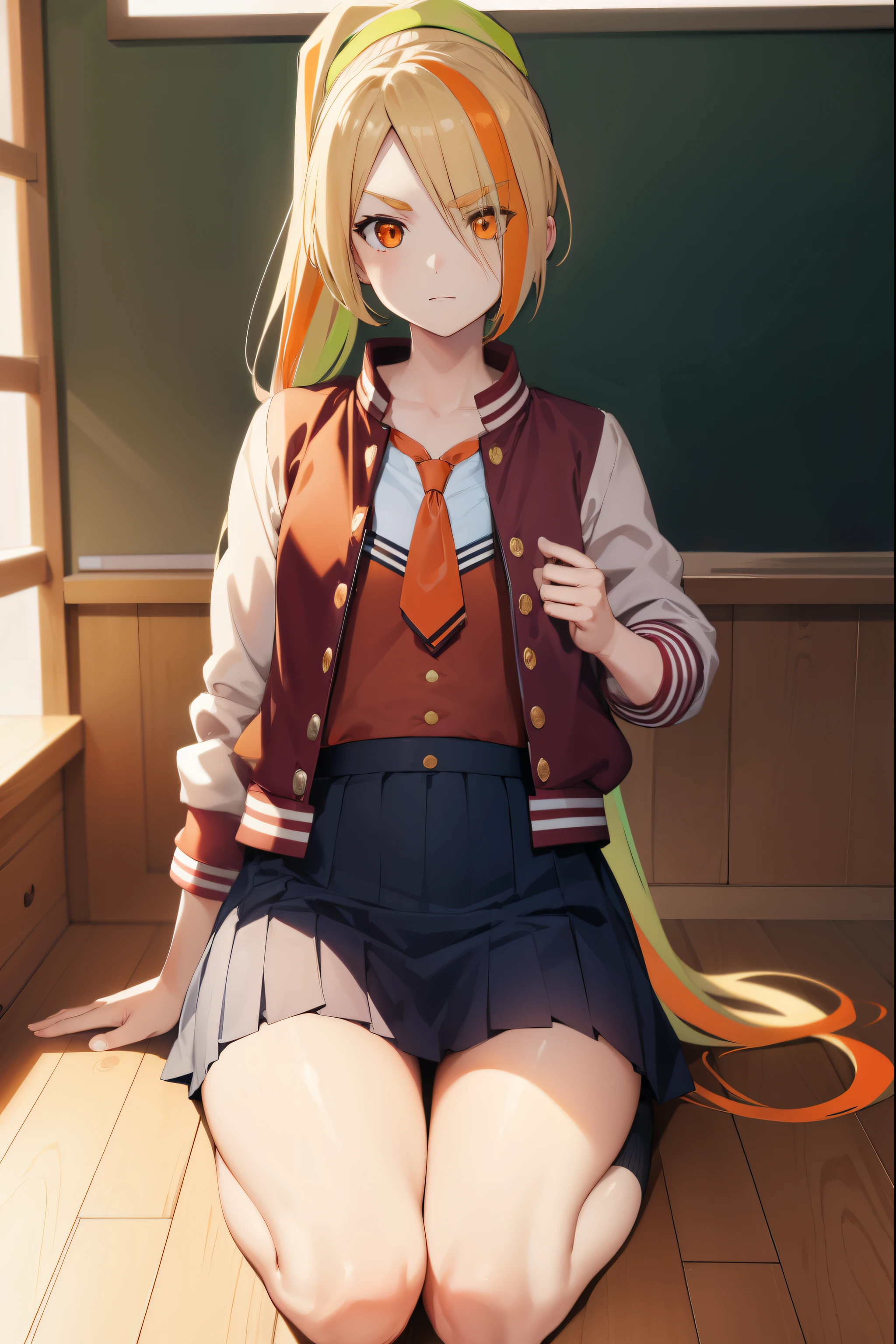 sakinikaidou, saki nikaidou, blonde hair, eyes visible through hair, hair over one eye, light green hair, long hair, multicolored hair, (orange eyes:1.5), orange hair, ponytail, streaked hair, (small breast:1.2),
BREAK blue skirt, jacket, (letterman jacket:1.5), necktie, orange necktie, skirt,
BREAK looking at viewer, full body,
BREAK indoors, classroom,
BREAK (masterpiece:1.2), best quality, high resolution, unity 8k wallpaper, (illustration:0.8), (beautiful detailed eyes:1.6), extremely detailed face, perfect lighting, extremely detailed CG, (perfect hands, perfect anatomy),