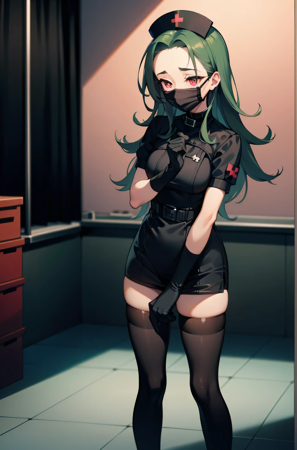 black nurse, 1 female, alone, black nurse cap, Black Wear, ((black legwear, zettai ryouiki)), black elbow gloves, amount, long hair, green hair, pink eyes, ((Black surgical mask, Covered nose)), Are standing, ((operating room)), sharp outline, short sleeve, mature woman, 35 years old, highest quality, masterpiece