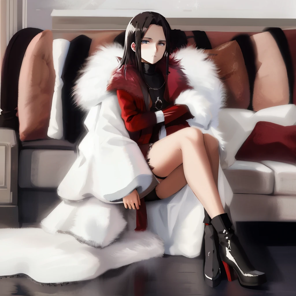 Arafed-Frau sitzt in einem Pelzmantel auf einer Couch, viel Fell, Wearing a luxurious fur coat, Ingwerhaar und Fell, Pelzkleidung, rotes Fell, long flauschiges Fell, Langes Fell, white fur, wears a fur coat, fluffy flauschiges Fell, white fur and dark skin, langes, gewelltes Fell, with white flauschiges Fell, mit langen roten Haaren, flauschiges Fell