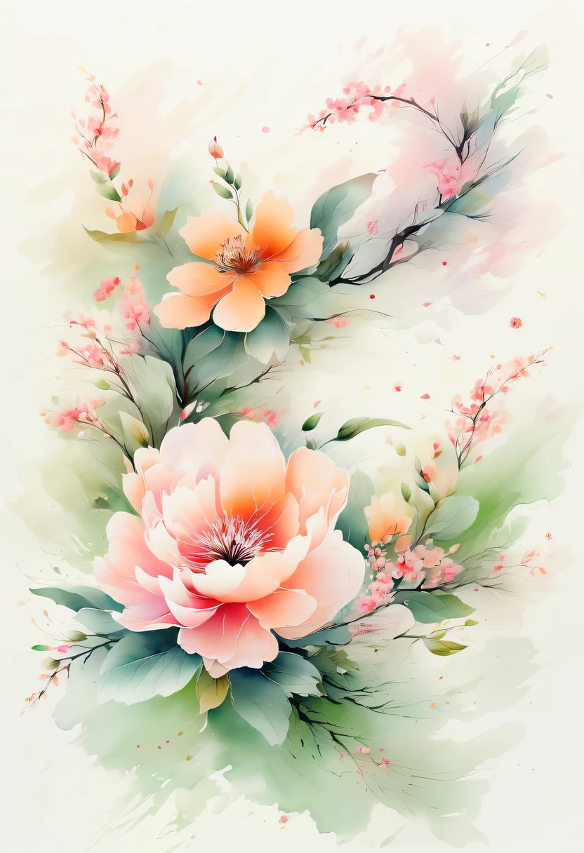 This watercolor flower painting presents an elegant and fresh visual effect。Wild flowers and peach blossoms intertwined in the fields，Forming the perfect combination of nature and romance。The screen is dominated by a white background，Highlight isolated watercolor flower。Splash technology recreates wet conditions，The atmosphere seems vague and dreamy。Unique composition and abstract expression add to the artistic feel of the picture，Contains elements of surrealism。The overall color tone is mainly light tones，Pale pink and green complement each other，Show high-resolution details。The splash-ink effect adds a touch of agility to the picture，The light color gives the flowers a deep and restrained beauty.。