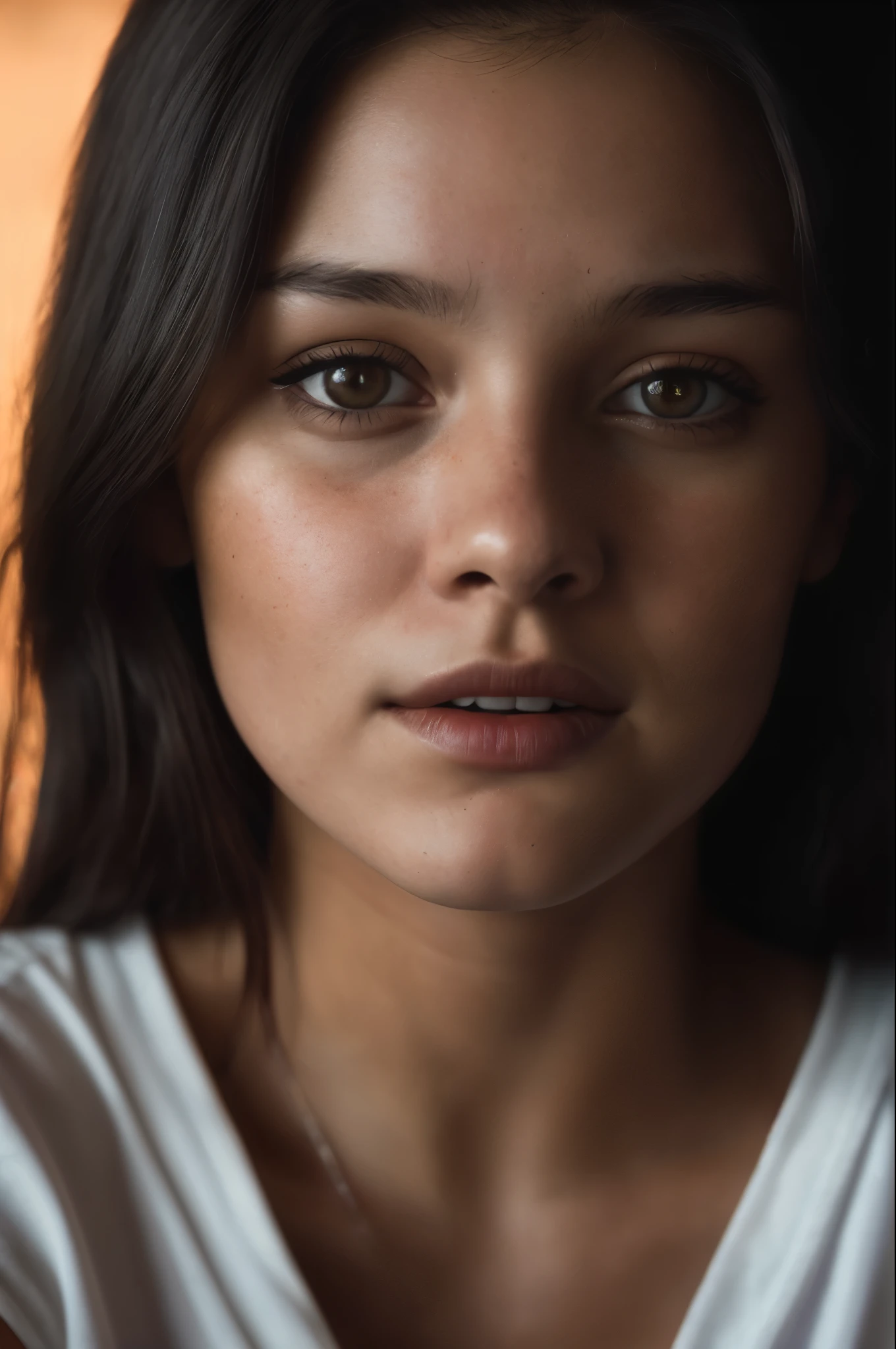 (close-up, editorial photograph of a 21 year old woman), (highly detailed face:1.4) (smile:0.7) (background inside dark, moody, private study:1.3) POV, by lee jeffries, nikon d850, film stock photograph ,4 kodak portra 400 ,camera f1.6 lens ,rich colors ,hyper realistic ,lifelike texture, dramatic lighting , cinestill 800,