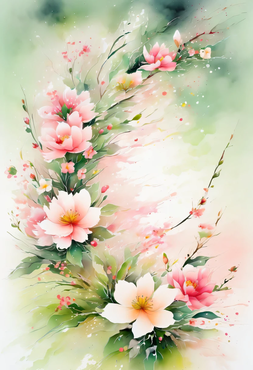 This watercolor flower painting presents an elegant and fresh visual effect。Wild flowers and peach blossoms intertwined in the fields,Forming the perfect combination of nature and romance。The screen is dominated by a white background,Highlight isolated watercolor flower。Splash technology recreates wet conditions,The atmosphere seems vague and dreamy。Unique composition and abstract expression add to the artistic feel of the picture,Contains elements of surrealism。The overall color tone is mainly light tones,Pale pink and green complement each other,Show high-resolution details。The splash-ink effect adds a touch of agility to the picture,The light color gives the flowers a deep and restrained beauty.。