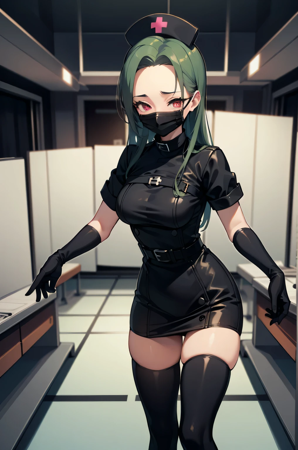 black nurse, 1 female, alone, black nurse cap, Black Wear, ((black legwear, zettai ryouiki)), black elbow gloves, amount, long hair, green hair, pink eyes, ((Black surgical mask, Covered nose)), Are standing, ((operating room)), sharp outline, short sleeve, mature woman, 35 years old, highest quality, masterpiece