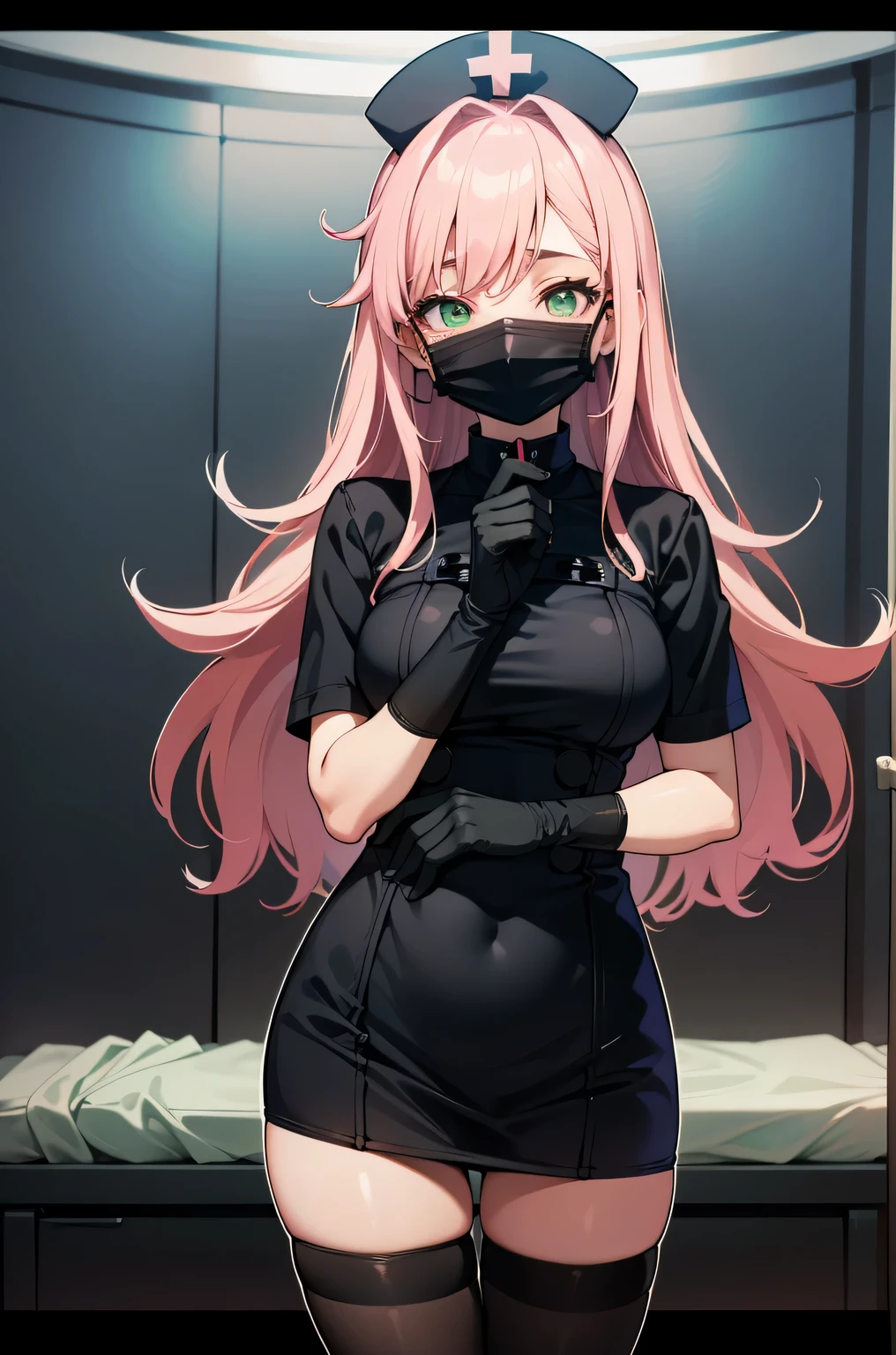 black nurse, 1 female, alone, black nurse cap, Black Wear, ((black legwear, zettai ryouiki)), black elbow gloves, pink hair, green eyes, droopy eyes, ((Black surgical mask, Covered nose)), Are standing, ((operating room)), sharp outline, short sleeve, mature woman, 32 years old, highest quality, masterpiece