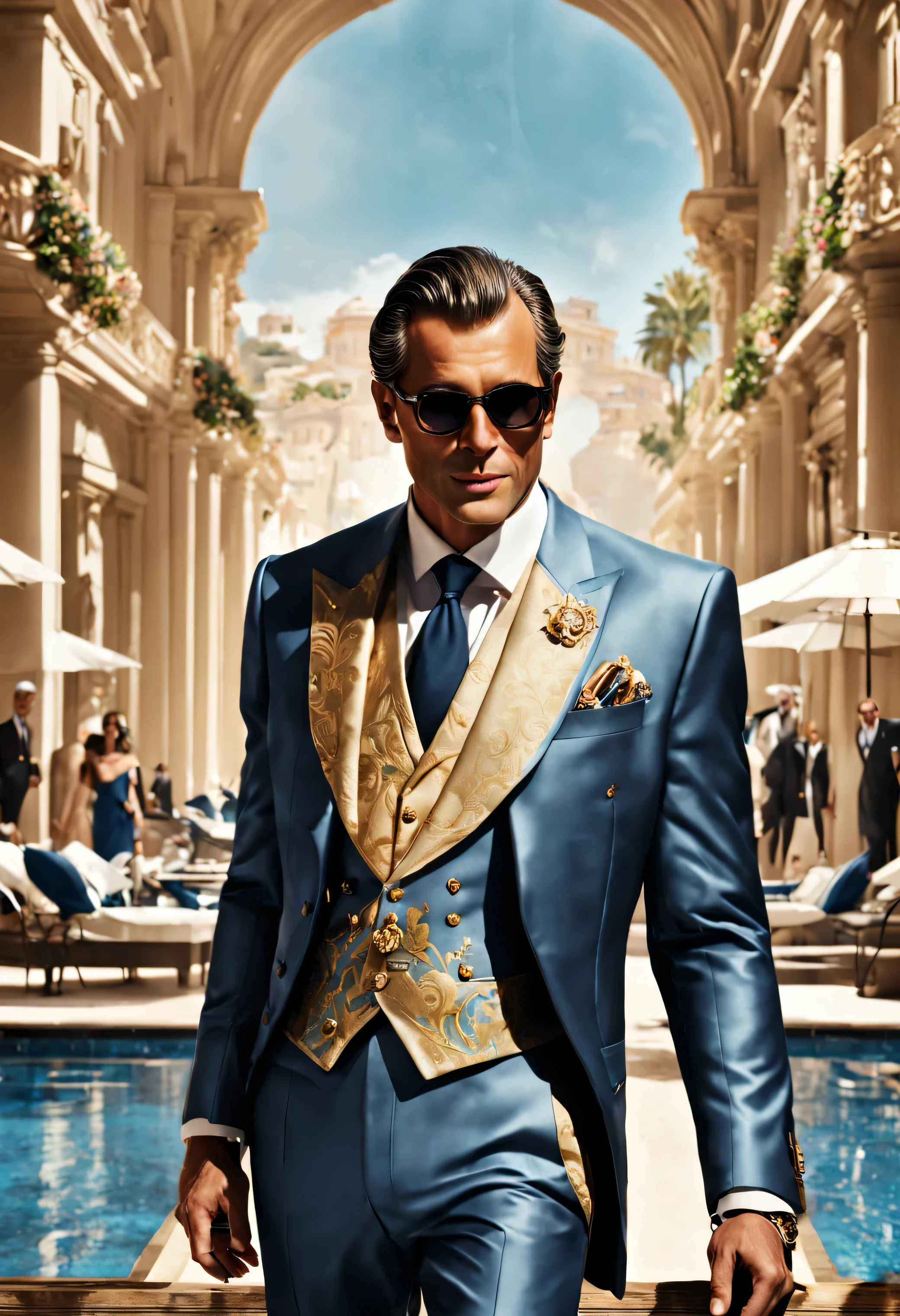 Create a vibrant and captivating scene with a charismatic billionaire and his stylish companions, as they indulge in opulence and luxury at the renowned Monaco Hotel. Fangen Sie die Essenz ihres extravaganten Lebensstils ein, Betonung der Raffinesse ihrer Umgebung, den Reiz ihrer Modewahl, and the dynamic energy of their social interactions against the backdrop of one of the world&#39;s most glamorous travel destinations