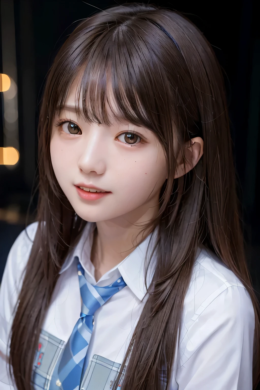 (masterpiece), highest quality, ultra high resolution, head shot, 1 girl,school uniform, crazy long hair、, laughter,  night,, colorful lights, photon mapping, , Physically based rendering, cinematic lighting, Complex, high detail, sharp focus, dramatic, realistic  、upper body close-up、With a round face、slim、flat body、cute