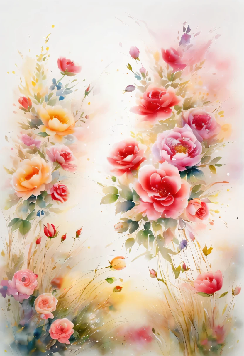 This watercolor flower painting presents an elegant and fresh visual effect。Wildflowers and roses in the field,Forming the perfect combination of nature and romance。The screen is dominated by a white background,Highlight isolated watercolor flower。Splash technology recreates wet conditions,The atmosphere seems vague and dreamy。Unique composition and abstract expression add to the artistic feel of the picture,Contains elements of surrealism。The overall color tone is mainly light tones,Red and gold complement each other,Show high-resolution details。The splash-ink effect adds a touch of agility to the picture,The light color gives the flowers a deep and restrained beauty.