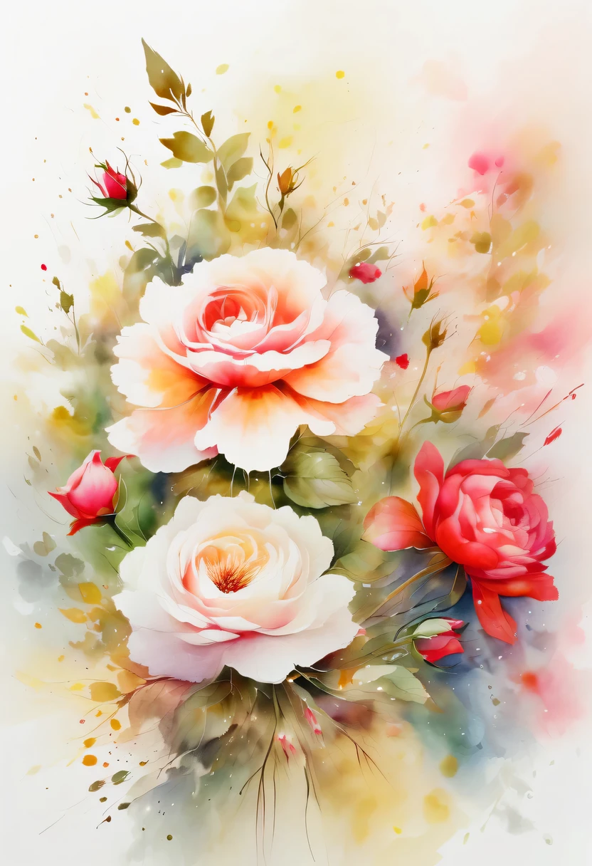 This watercolor flower painting presents an elegant and fresh visual effect。Wildflowers and roses in the field,Forming the perfect combination of nature and romance。The screen is dominated by a white background,Highlight isolated watercolor flower。Splash technology recreates wet conditions,The atmosphere seems vague and dreamy。Unique composition and abstract expression add to the artistic feel of the picture,Contains elements of surrealism。The overall color tone is mainly light tones,Red and gold complement each other,Show high-resolution details。The splash-ink effect adds a touch of agility to the picture,The light color gives the flowers a deep and restrained beauty.