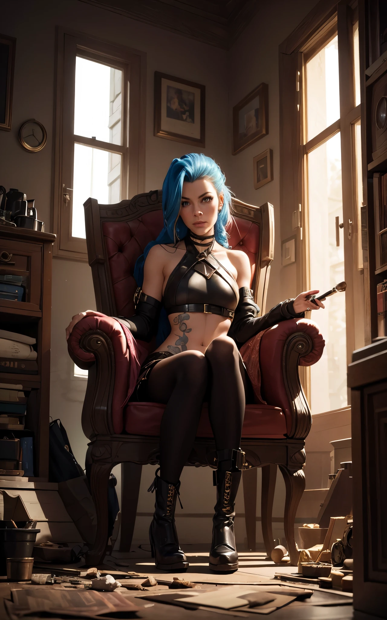 (Evangeline Lilly:Margot Robbie) is jinx from league of legends, sitting in a throne made of junk, pale skin, blue messy hair with long breads, boots, skinny body, small breasts, Full body, Beautiful anime waifu style girl,hyperdetailed painting, luminism, art by Carne Griffiths and Wadim Kashin concept art, dark background, abstract beauty, approaching perfection, pure form, golden ratio, minimalistic, dark atmosphere, unfinished, concept art, intricate details, 8k post production, high resolution, hyperdetailed, trending on artstation, sharp focus, studio photo, intricate details, highly detailed, steampunk