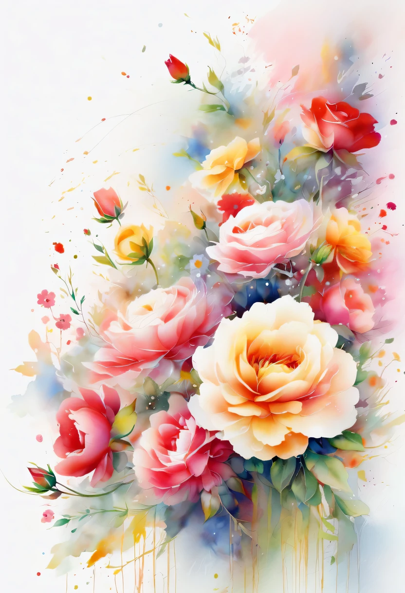 This watercolor flower painting presents an elegant and fresh visual effect。Wildflowers and roses in the field,Forming the perfect combination of nature and romance。The screen is dominated by a white background,Highlight isolated watercolor flower。Splash technology recreates wet conditions,The atmosphere seems vague and dreamy。Unique composition and abstract expression add to the artistic feel of the picture,Contains elements of surrealism。The overall color tone is mainly light tones,Red and gold complement each other,Show high-resolution details。The splash-ink effect adds a touch of agility to the picture,The light color gives the flowers a deep and restrained beauty.