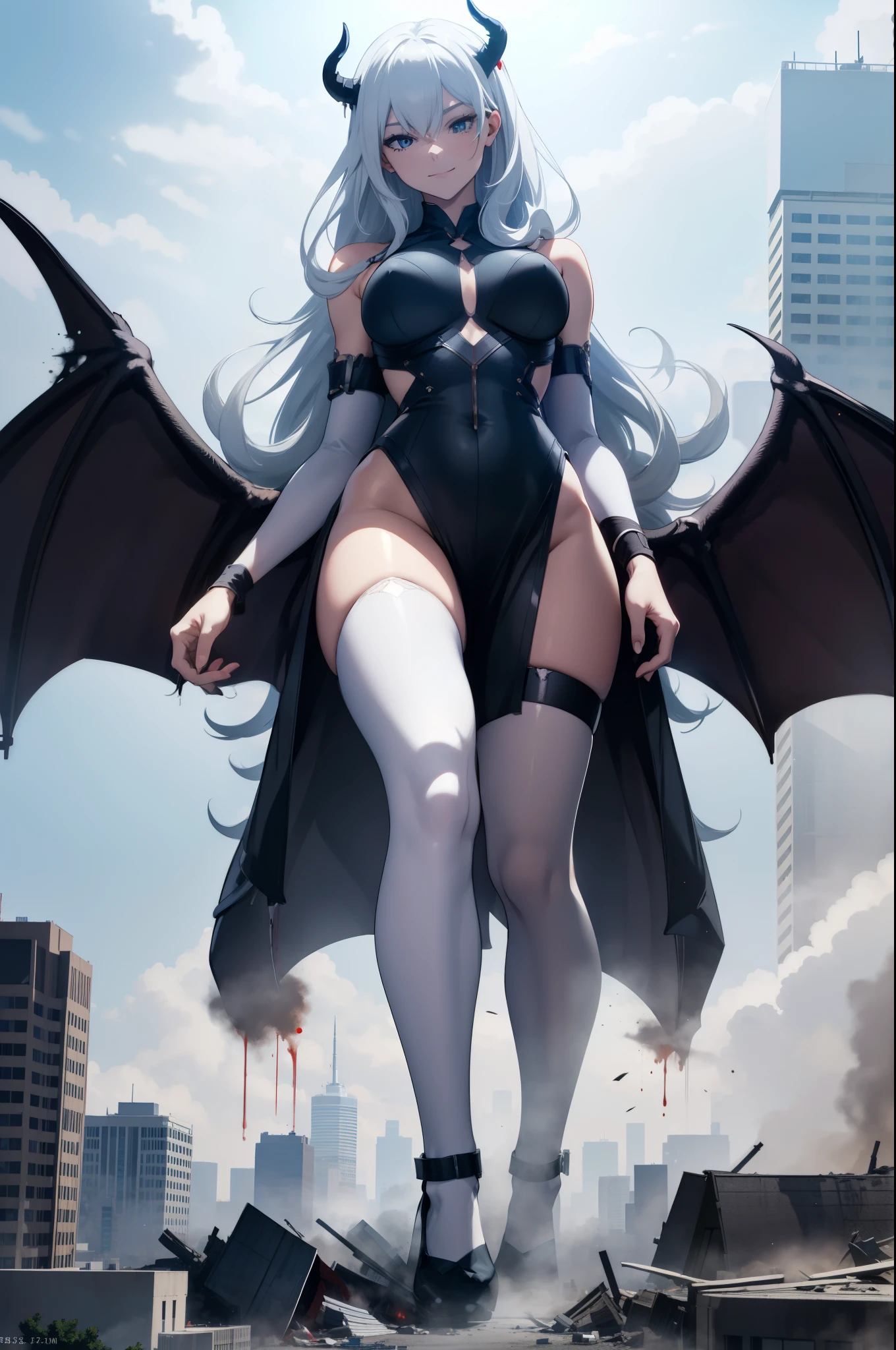 Aerial View,Giant girl 50,000 feet tall,Have a pair of long legs,Possessing a pair of huge demon wings,Has white waist-length hair,Loose hair,Wearing a pair of Mary Jane shoes,white curly hair,A look of enjoyment,Standing tall on a destroyed city,Beautiful appearance,Exquisite makeup,quality,8k,high quality,(governor:1.5),perfect proportions, Cinema lighting, film grain, Fuji colors, 8k, textured skin, Super details, high detail, high quality, high resolution,explode,fake smile,black stockings,blood stains,脚底有blood stains