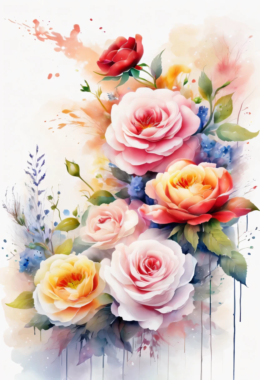 This watercolor flower painting presents an elegant and fresh visual effect。Wildflowers and roses in the field，Forming the perfect combination of nature and romance。The screen is dominated by a white background，Highlight isolated watercolor flower。Splash technology recreates wet conditions，The atmosphere seems vague and dreamy。Unique composition and abstract expression add to the artistic feel of the picture，Contains elements of surrealism。The overall color tone is mainly light tones，Red and gold complement each other，Show high-resolution details。The splash-ink effect adds a touch of agility to the picture，The light color gives the flowers a deep and restrained beauty.