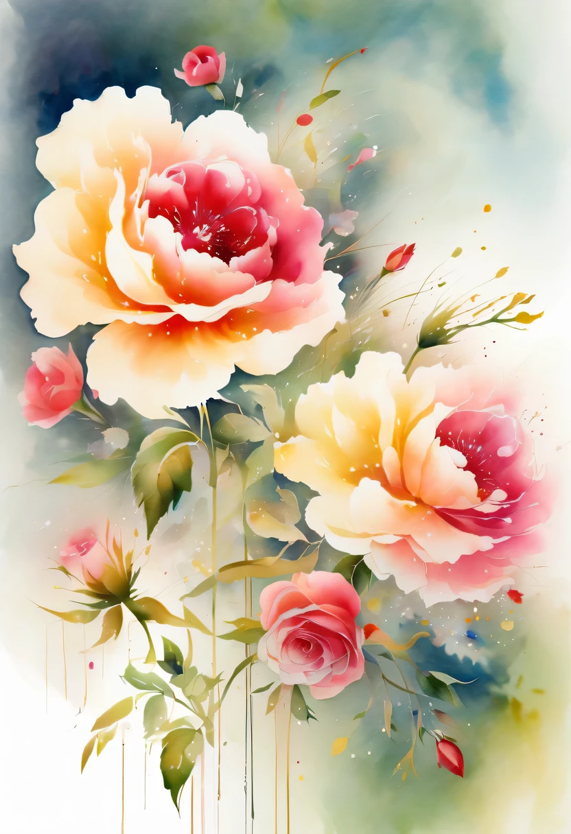 This watercolor flower painting presents an elegant and fresh visual effect。Wildflowers and roses in the field,Forming the perfect combination of nature and romance。The screen is dominated by a white background,Highlight isolated watercolor flower。Splash technology recreates wet conditions,The atmosphere seems vague and dreamy。Unique composition and abstract expression add to the artistic feel of the picture,Contains elements of surrealism。The overall color tone is mainly light tones,Red and gold complement each other,Show high-resolution details。The splash-ink effect adds a touch of agility to the picture,The light color gives the flowers a deep and restrained beauty.
