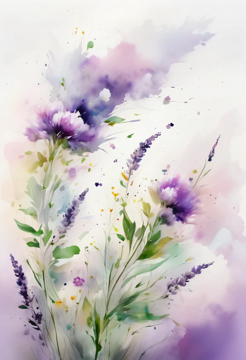 This watercolor flower painting presents an elegant and fresh visual effect。Wildflower and lavender fields,Forming the perfect combination of nature and romance。The screen is dominated by a white background,Highlight isolated watercolor flower。render with ink,Splash technology recreates wet conditions,The atmosphere seems vague and dreamy。Unique composition and abstract expression add to the artistic feel of the picture,Contains elements of surrealism。The overall color tone is mainly light tones,Lilac and green complement each other beautifully,Show high-resolution details。The splash-ink effect adds a touch of agility to the picture,The light color gives the flowers a deep and restrained beauty.。