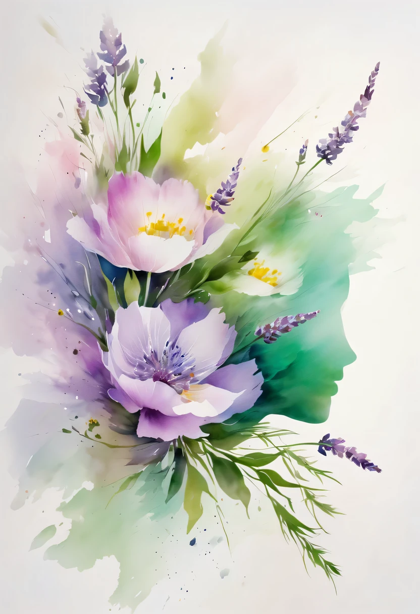 This watercolor flower painting presents an elegant and fresh visual effect。Wildflower and lavender fields，Forming the perfect combination of nature and romance。The screen is dominated by a white background，Highlight isolated watercolor flower。render with ink，Splash technology recreates wet conditions，The atmosphere seems vague and dreamy。Unique composition and abstract expression add to the artistic feel of the picture，Contains elements of surrealism。The overall color tone is mainly light tones，Lilac and green complement each other beautifully，Show high-resolution details。The splash-ink effect adds a touch of agility to the picture，The light color gives the flowers a deep and restrained beauty.。