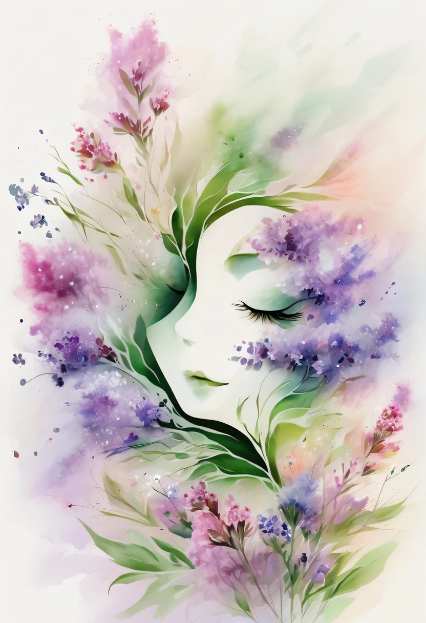 This watercolor flower painting presents an elegant and fresh visual effect。Wildflower and lavender fields，Forming the perfect combination of nature and romance。The screen is dominated by a white background，Highlight isolated watercolor flower。render with ink，Splash technology recreates wet conditions，The atmosphere seems vague and dreamy。Unique composition and abstract expression add to the artistic feel of the picture，Contains elements of surrealism。The overall color tone is mainly light tones，Lilac and green complement each other beautifully，Show high-resolution details。The splash-ink effect adds a touch of agility to the picture，The light color gives the flowers a deep and restrained beauty.。